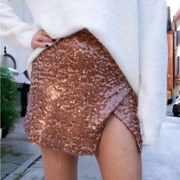 NWT RACHEL ZOE WOMEN'S FAUX WRAP SEQUIN SKIRT- TAN- X-SMALL - Picture 1 of 7